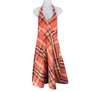 Context Dress Women 10 Brown Plaid Halter Midi Boho Hippie Festival Y2K Retro